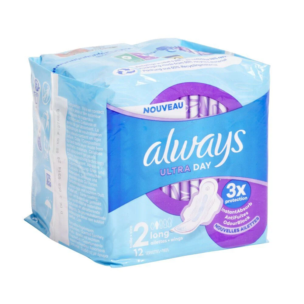 12 Serviettes Hygiéniques longues avec ailettes Always Ultra Jour - T2