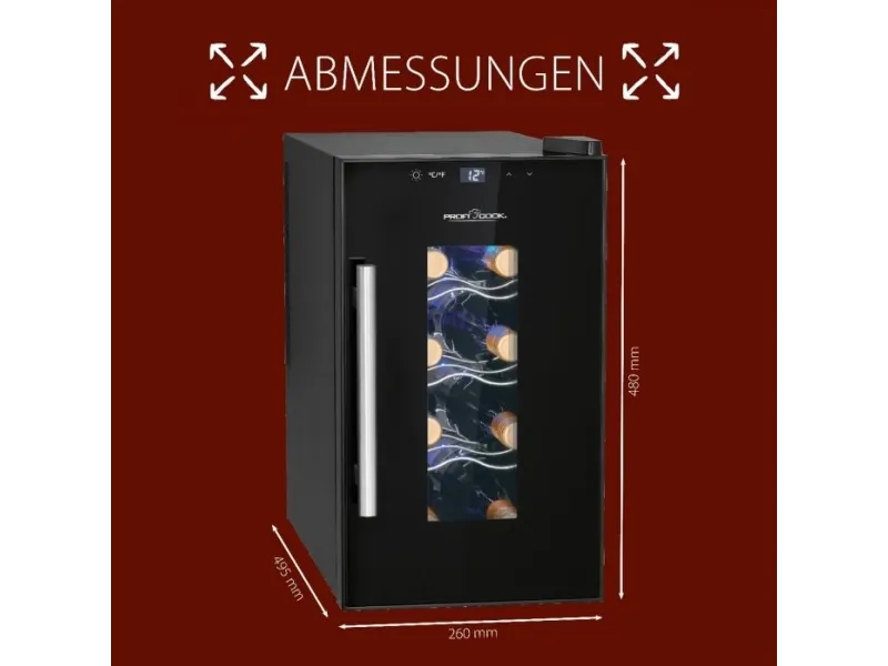 ProfiCook PC-WK 1232, Vin køleboks, Fritstående, 8 flaske(r), G, Indvendig belysning, Sort