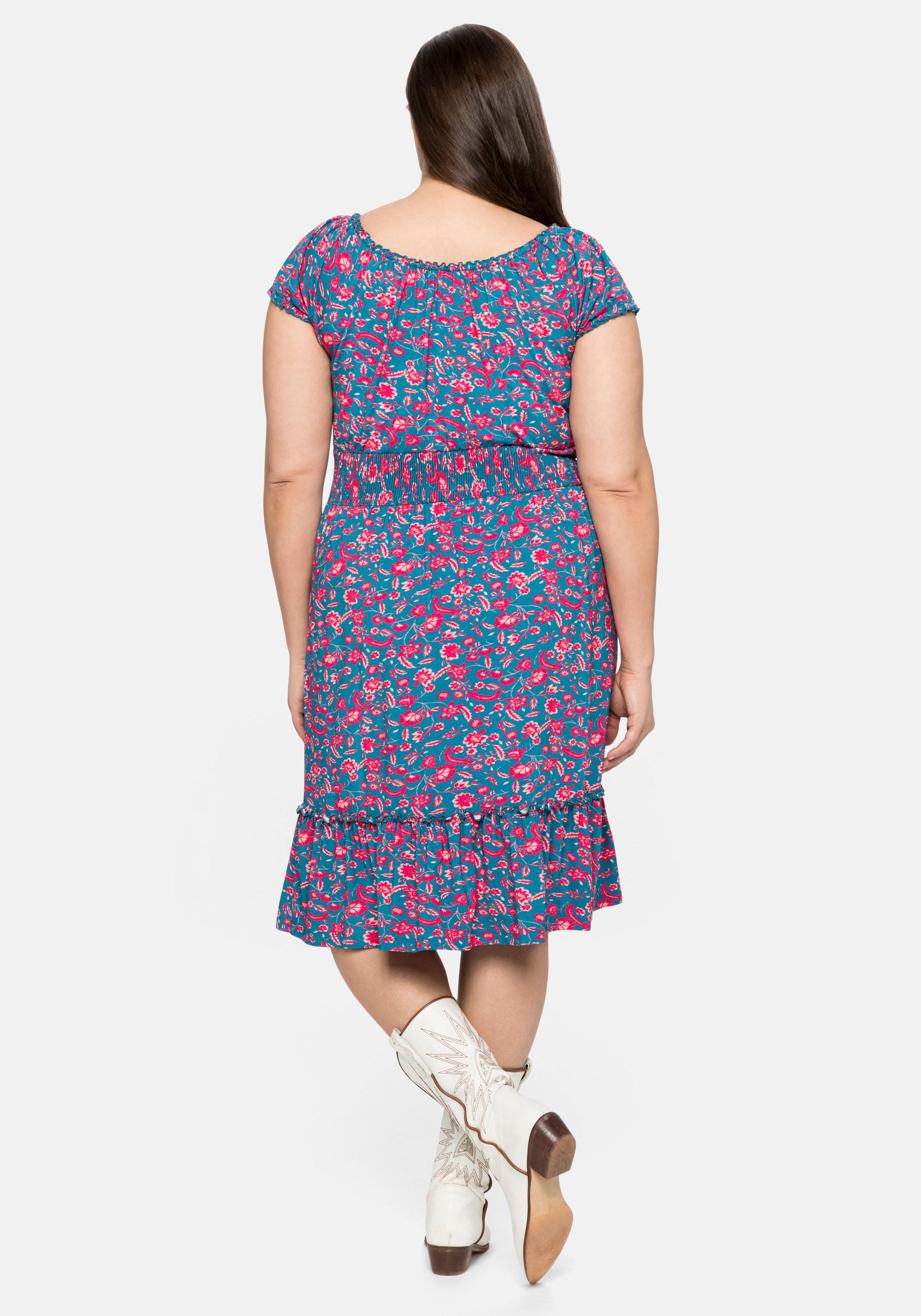 Jerseykleid mit Blumendruck und Carmenausschnitt
