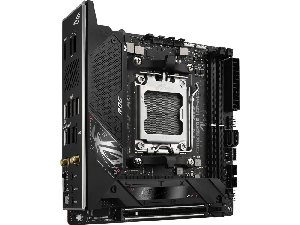 ASUS ROG Strix B650E-I Gaming WiFi - Bundkort - mini ITX - Socket AM5 - AMD B650 Chipset - USB-C 3.2 Gen 2x2, USB-C 3.2 Gen2, USB 3.2 Gen 2, USB 3.2 Gen 1 - 2.5 Gigabit LAN, Wi-Fi 6E - onboard grafik (CPU påkrævet) - HD Audio (8-kanaler)