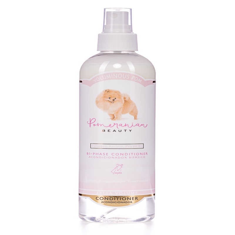 Spray condicionador de volume para escovar o cão da raça Pomerânia.