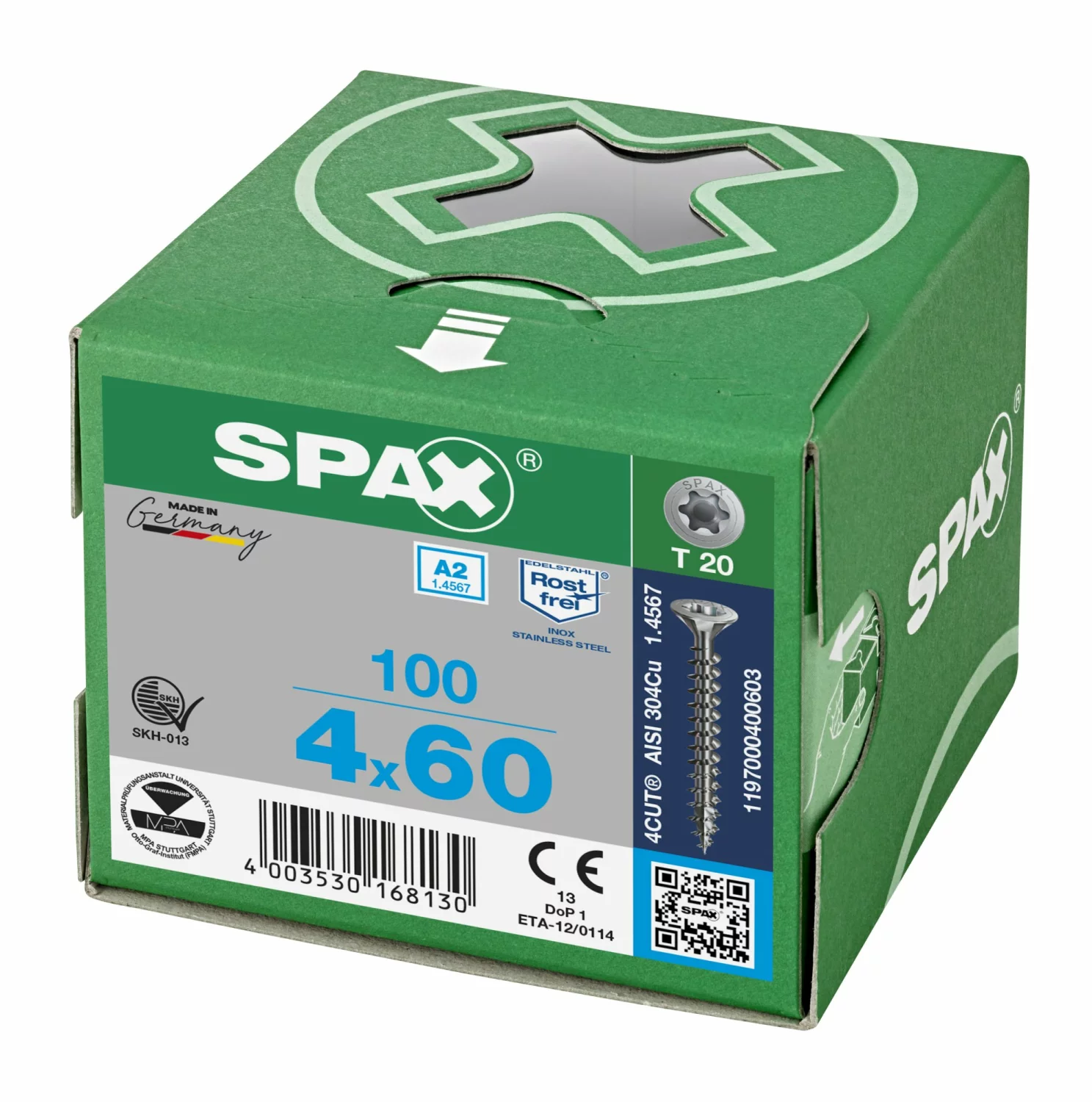SPAX 1197000400603 Roestvaststalen schroef, Verzonken kop, 4 x 60, Voldraad, T-STAR plus TX20 - blank - 100 stuks