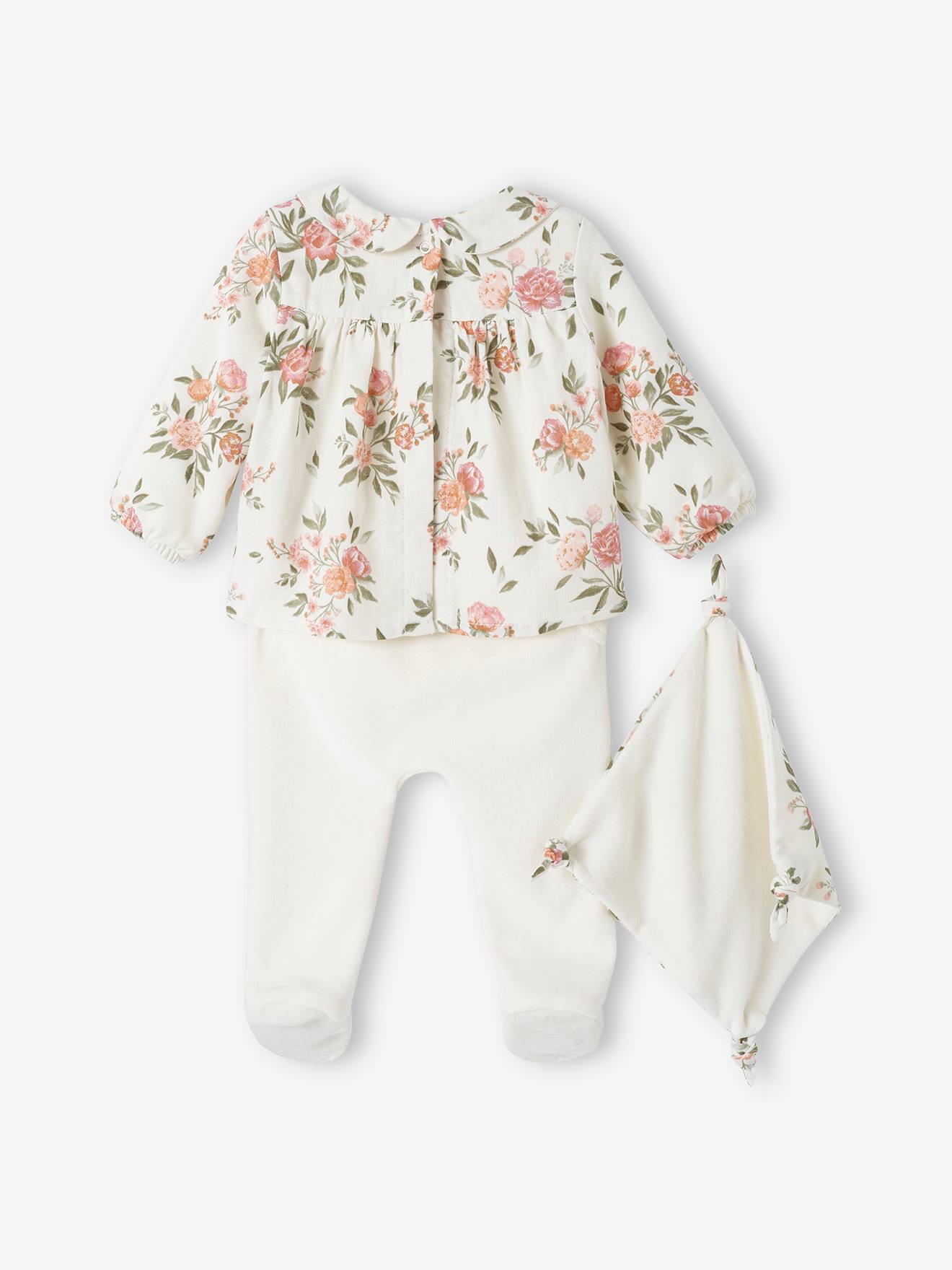 Pijama de bebê em algodão e chiffon de veludo com duudou bege combinando.