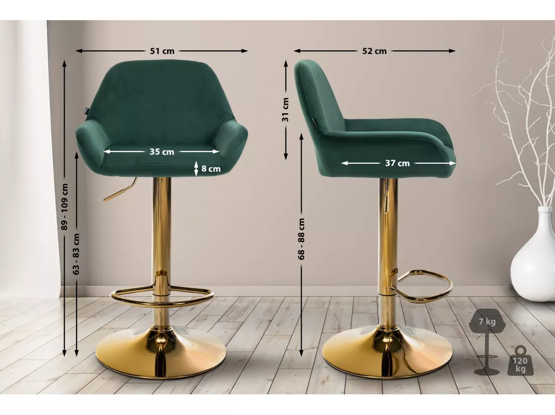 Lot de 2 Tabouret de bar - Velours & Métal - Vert foncé - Braga