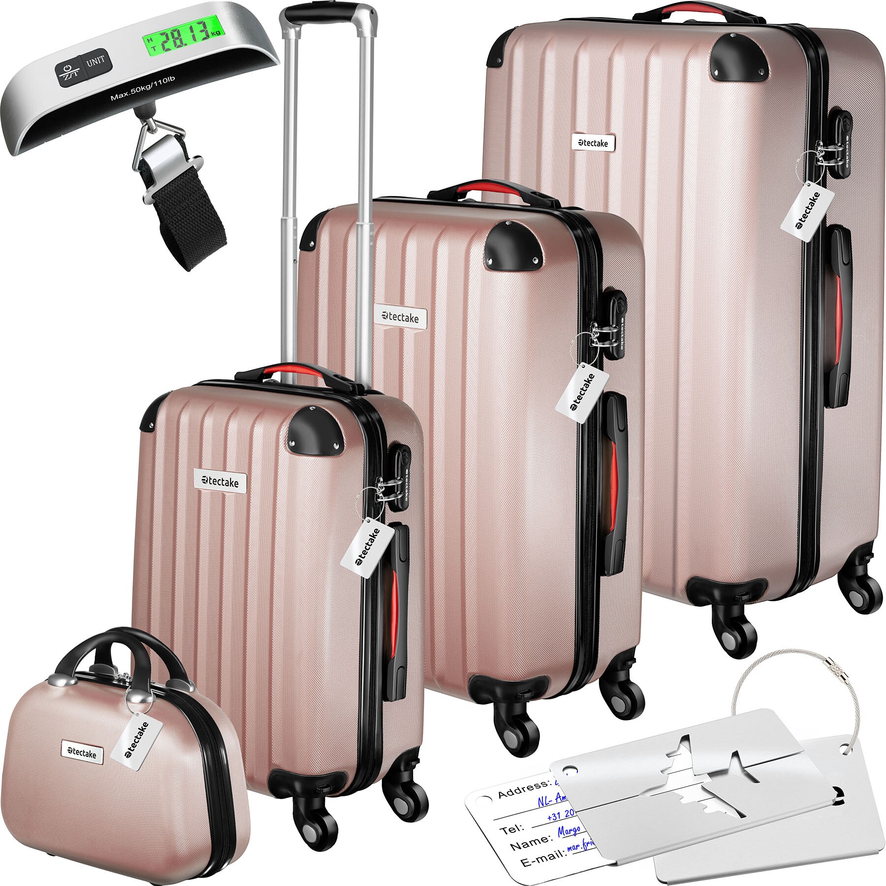 tectake® Hartschalenkoffer-Set, 4-teilig, 3 Trolleys, 1 Beauty Case inkl. Kofferwaage und -anhänger, 360° drehbare, abnehmbare Rollen, mit Sicherheits-Zahlenschloss