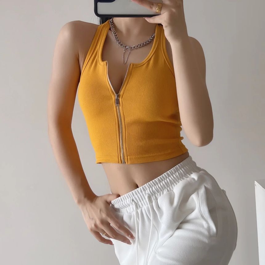 Reknovine - Haltertop met rits, open rug en geribbelde effen crop top