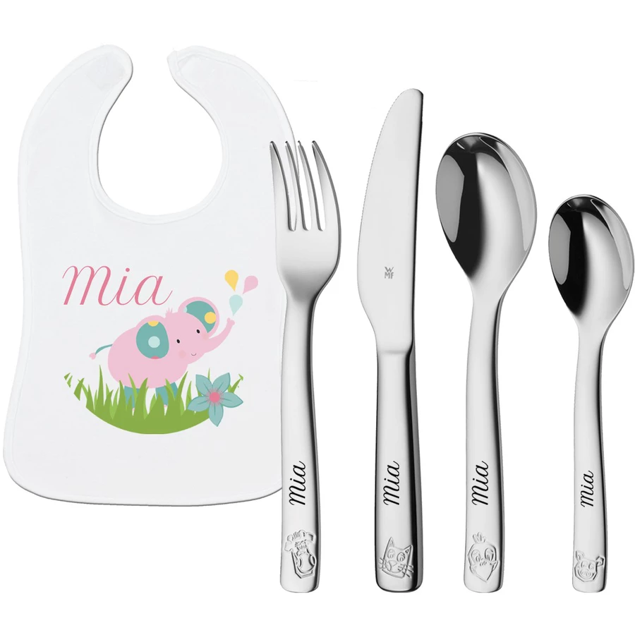 Schnullireich Geschenkset mit Namen WMF Kinderbesteck Farm + Lätzchen Rosa Elefant Silber