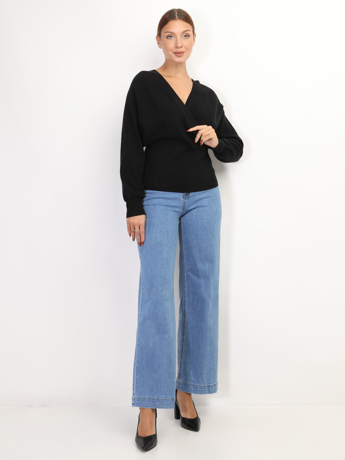 Pull en maille à col cache coeur- Noir