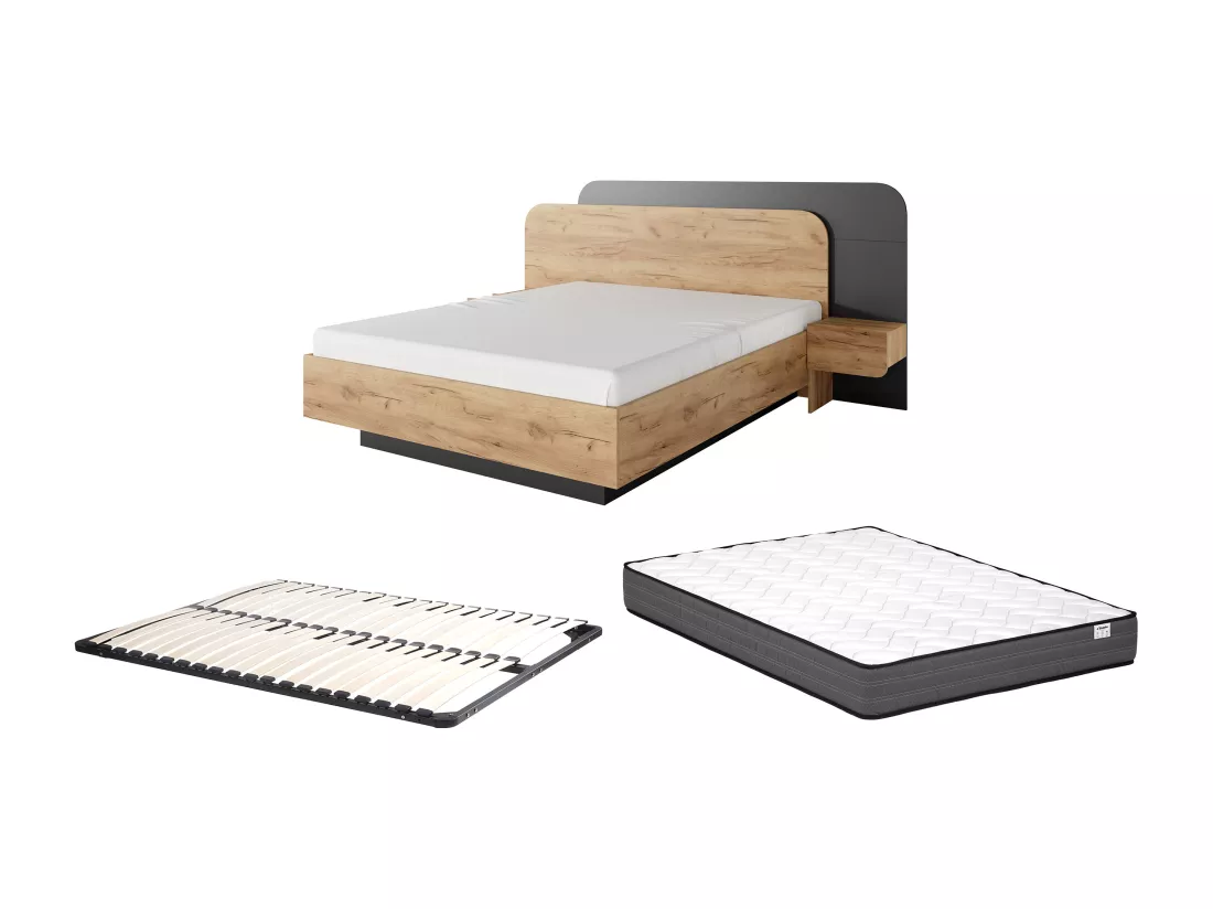 Lit avec chevets 160 x 200 cm - Avec LEDs - Coloris : Naturel et anthracite + Sommier + Matelas - DESADO