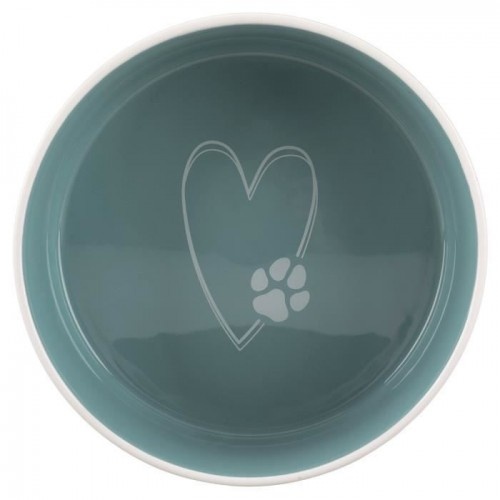 Comedouro de cerâmica para cães Trixie Pet's Home, nas cores creme e azul claro.