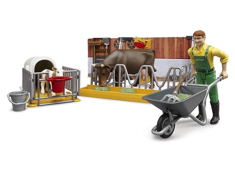 Bruder Spielwaren Kuh- und Kälberstall mit Landwirt Bauernhof-Spielset mit beweglichen Figuren, Tieren und Zubehör