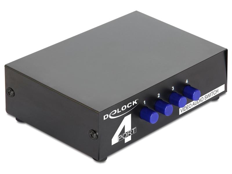 Delock Switchbox 4 Port 3xRCA Chinch Bidirektional, manuel 4 Port Bidirektionaler RCA-Switchbox mit 3xChinch (Video, Stereo-Audio)