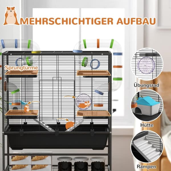 Hamsterbur Gnagerbur med hjul, rør, hylle, ramper, hjul, matskål, vannflaske, marsvinbur for gerbiler, syriske hamstere, svart