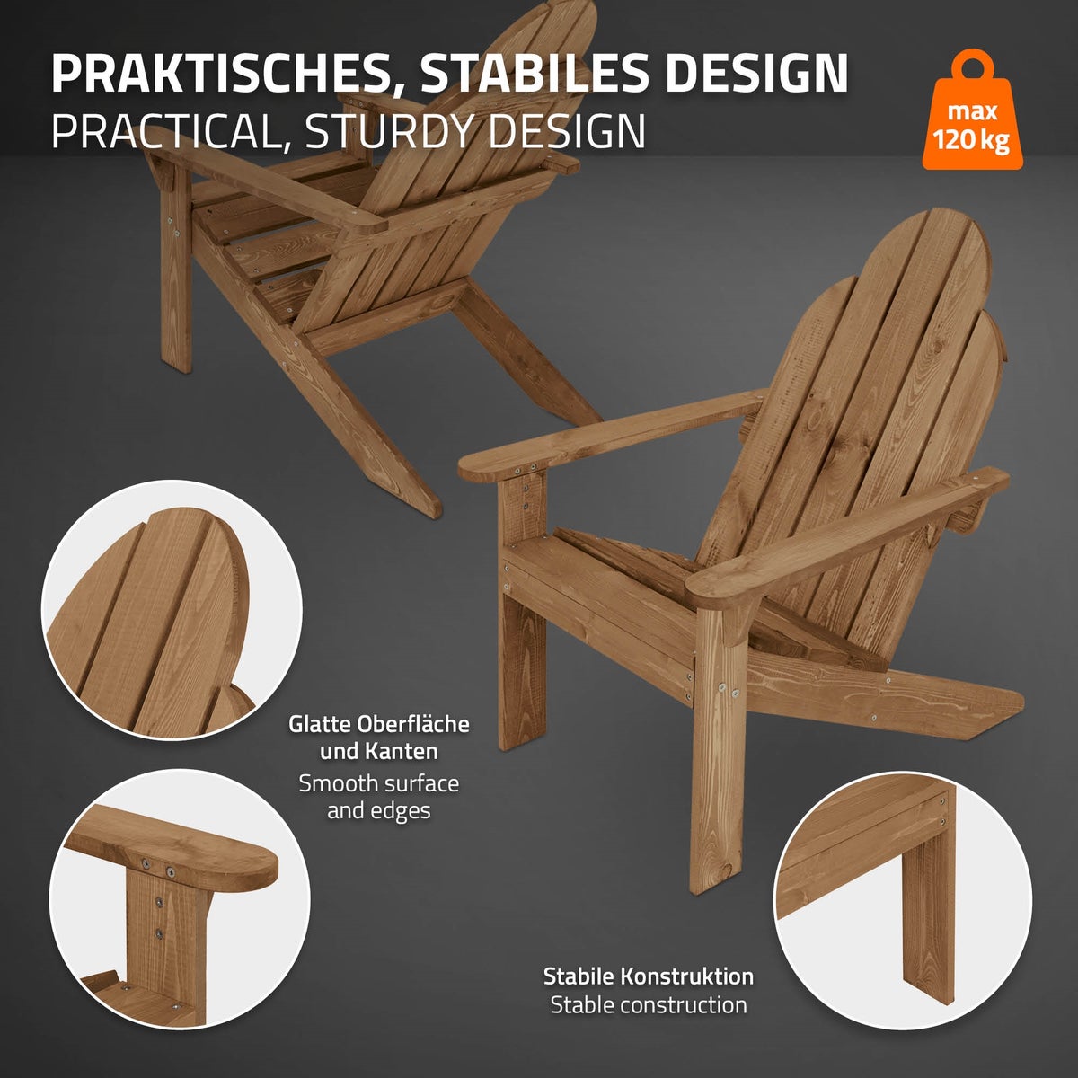 ECD Germany Adirondack stoel van massief dennenhout, 92,5x70x89 cm, bruin, tuinstoel met rugleuning en armleuningen, ergonomische houten stoel, weerbestendige tuinstoel, relaxstoel voor balkon, tuin, strand