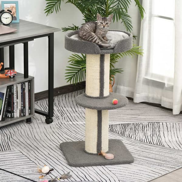 Kløestolper for katter, bæreevne 30 kg, skrapestolpe med plattform, stall, sisal, grå