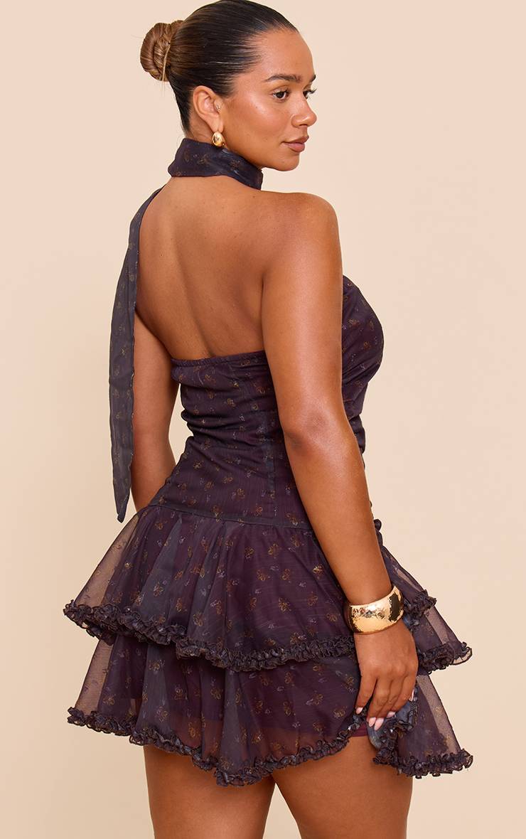 Prune Robe Mini Moulante En Mousseline À Imprimé Orchidée Et Volants Étagés