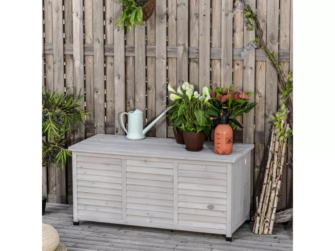 Coffre de rangement extérieur façade persienne - coffre jardin 283L - dim. 127 x 56 x 60cm - bois gris