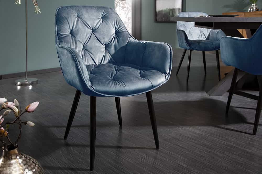 Design Stuhl MILANO petrol Samt mit Armlehne Ziersteppung gepolstert schwarze Metallbeine