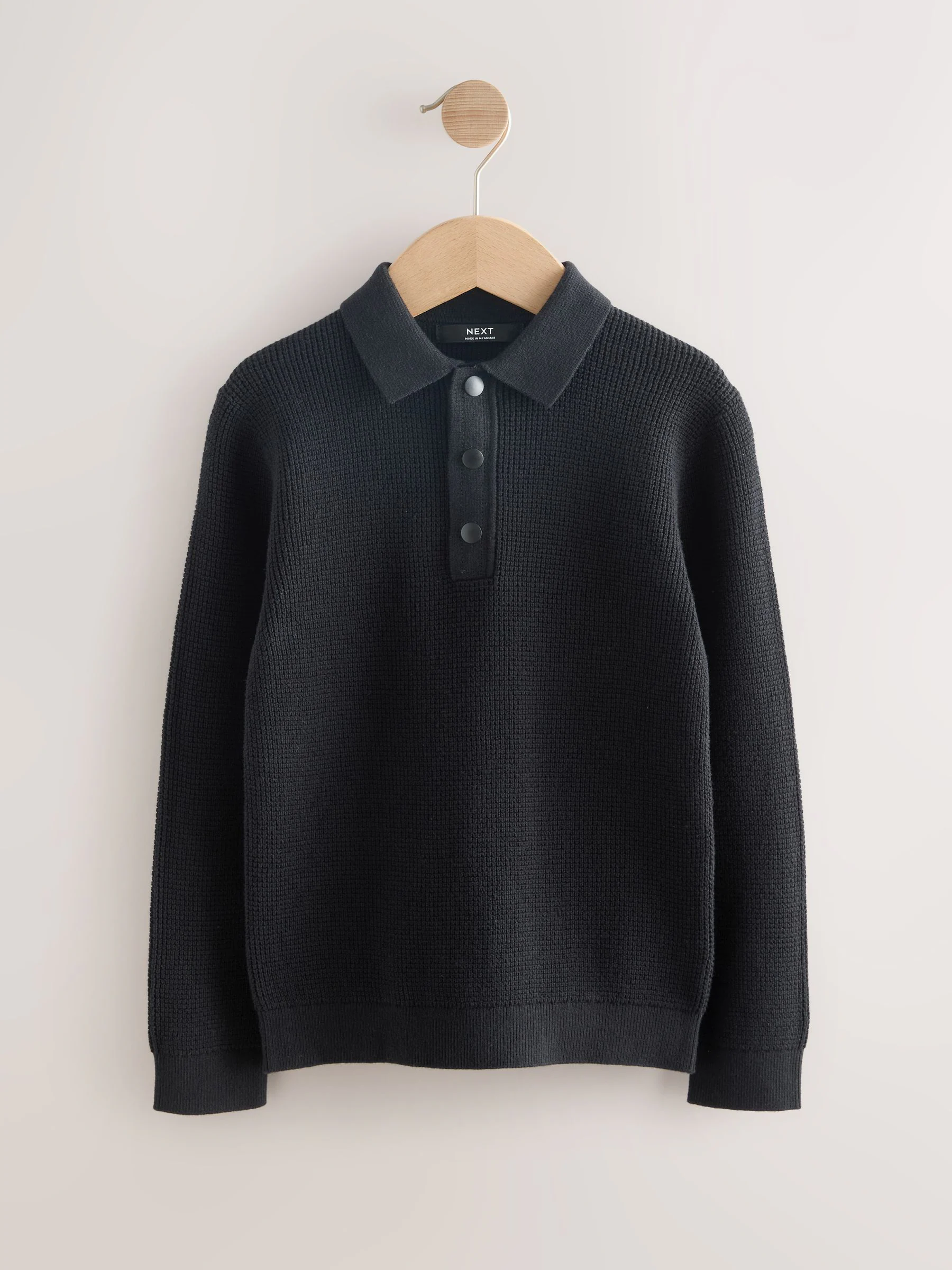 Zwart - Poloshirt met textuur en lange mouwen (3-16jr)