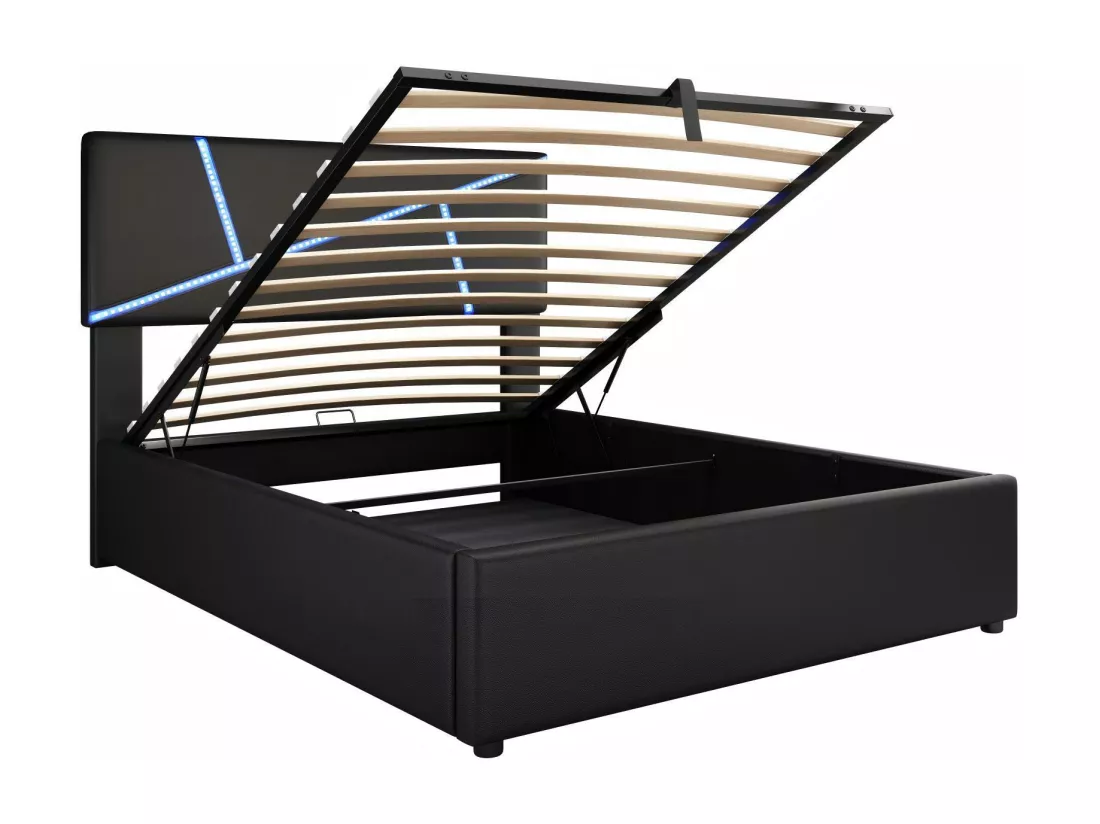 Lit coffre 90x200cm, cuir synthétique, avec bandes de lumière LED, cadre à lattes, Noir