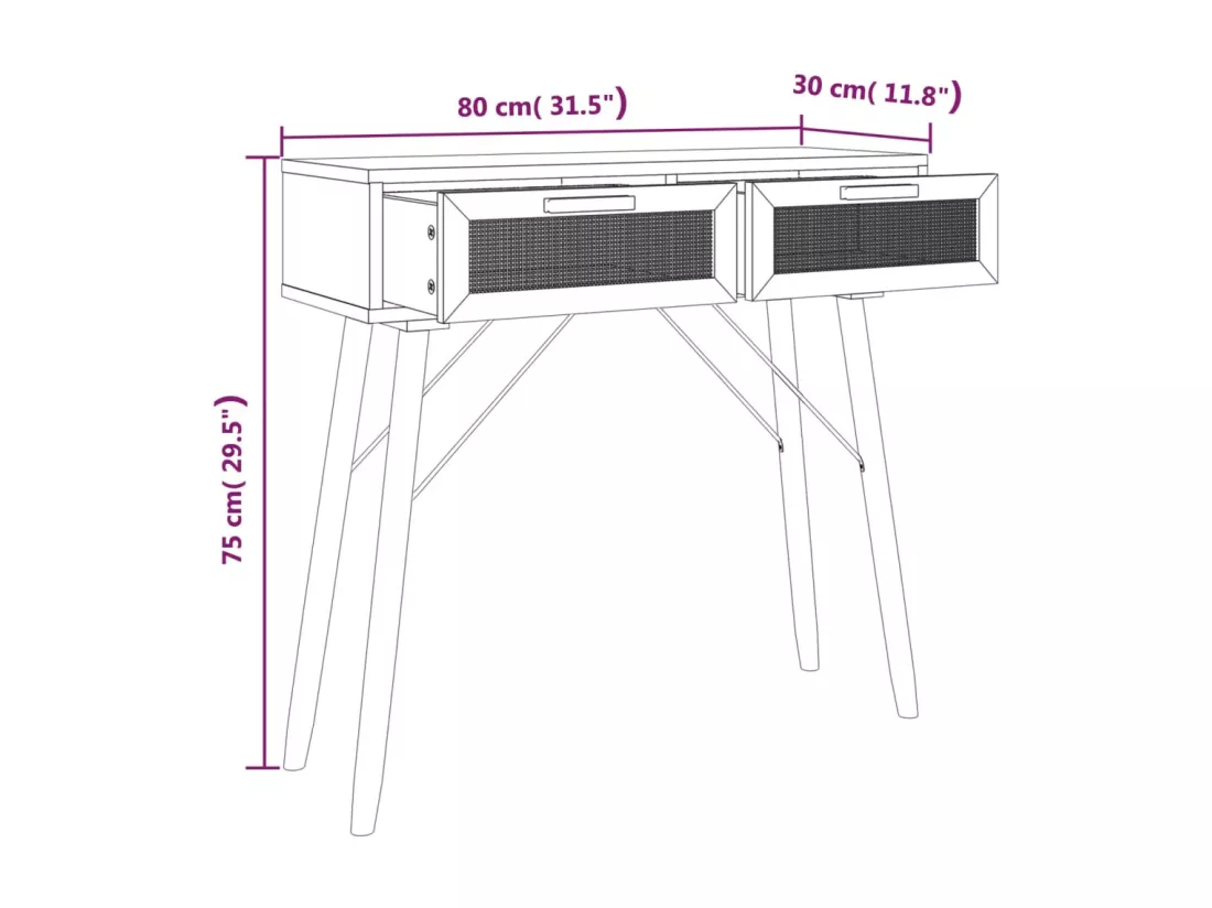 Table console Noir 80x30x75 cm Bois massif pin /rotin naturel