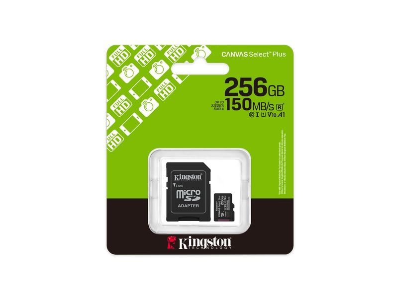Kingston microSDXC-Karte Canvas Select Plus Gen3 256 GB Robuste microSDXC-Karte für Full-HD-Aufnahmen mit Speicherkartenadapter