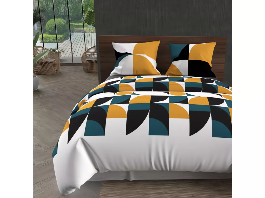 Parure housse de couette microfibre 240x220 cm RETRO moutarde, par Intemporel