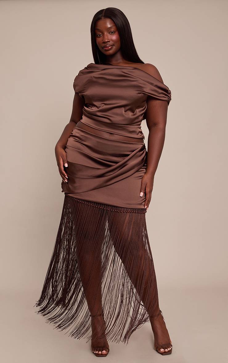 Chocolate Brown Jupe Mini Satinée Grande Taille À Ourlet À Pompons Perlés Coordonné