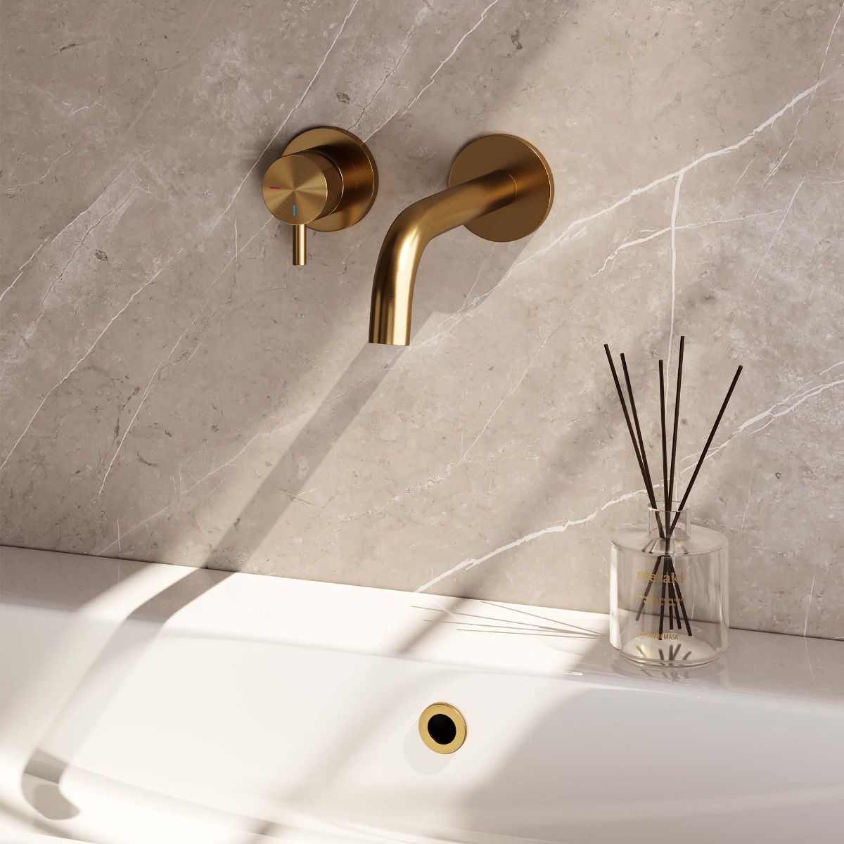 Brauer Gold Edition ColdStart wastafelkraan inbouw gebogen uitloop en rozetten model B2 geborsteld messing PVD