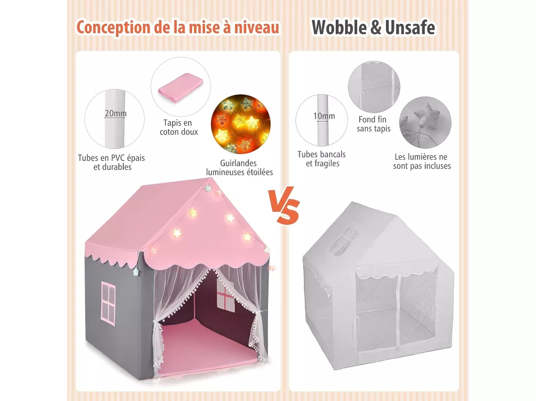 Tente de Jeux Enfants, Château de Princesse Tente Intérieure avec Tapis Lavable, Lumières Étoiles, 105 x 121 x 136 CM, Rose