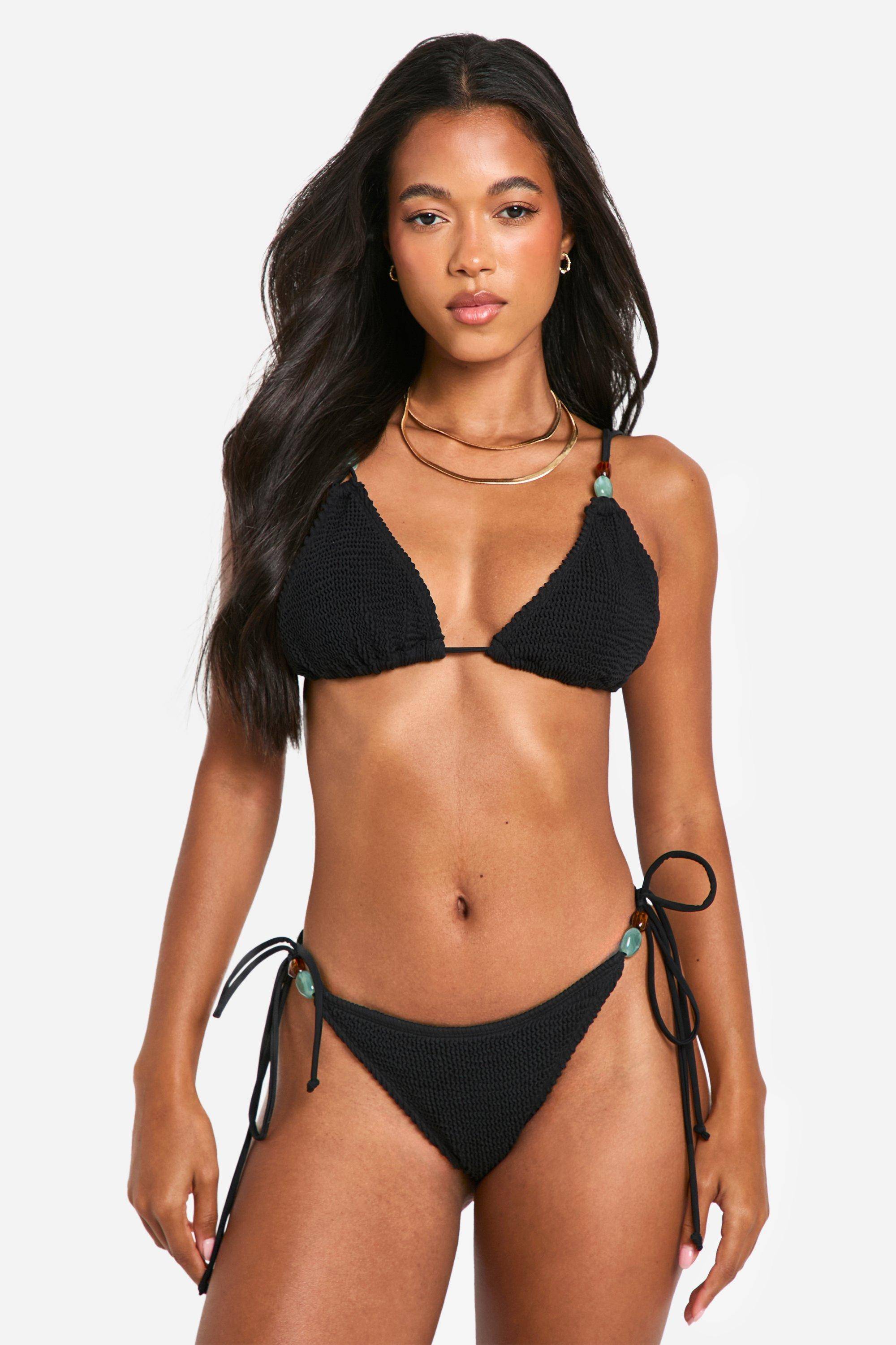 boohoo Slip bikini à nouer sur le côté avec garniture Crinkle Stone