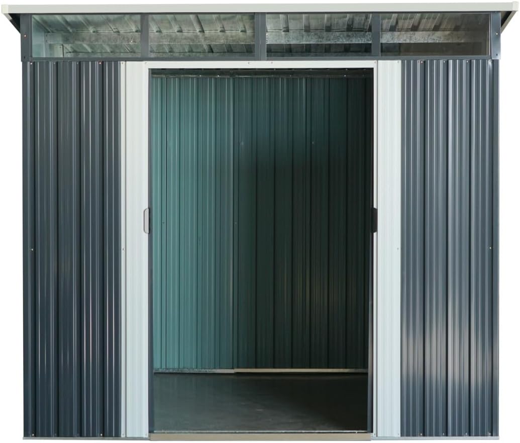 ALEOS. Gartenhaus Geräteschuppen mit Pultdach und großes Oberlichte - Fenster 5,6m² 239x236cm aus verzinktem Stahlblech anthrazit Metall mit Doppelschiebetür Türhöhe 173cm Schuppen Gartenhaus