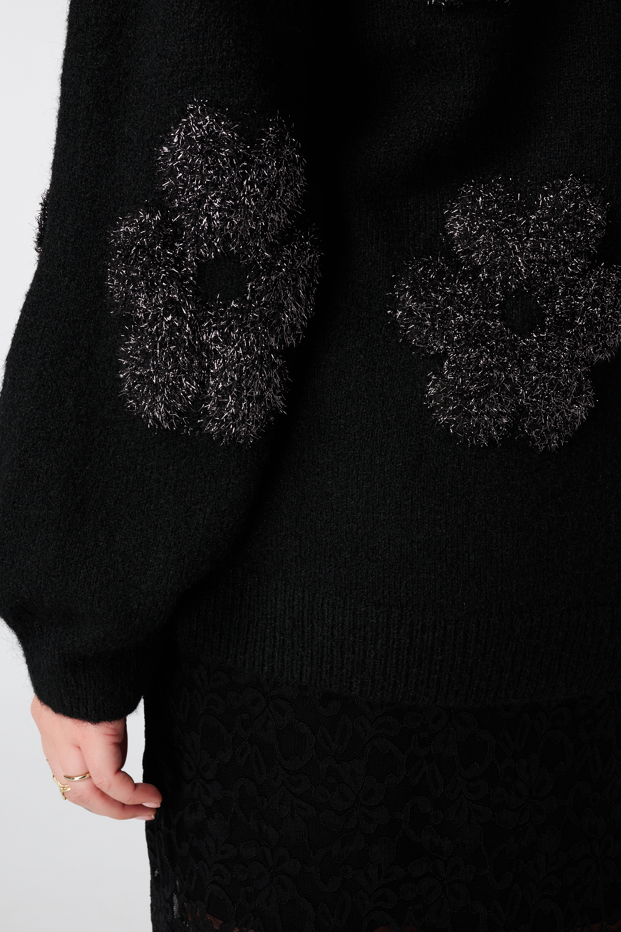 Trui met zachte lurex bloemen Zwart