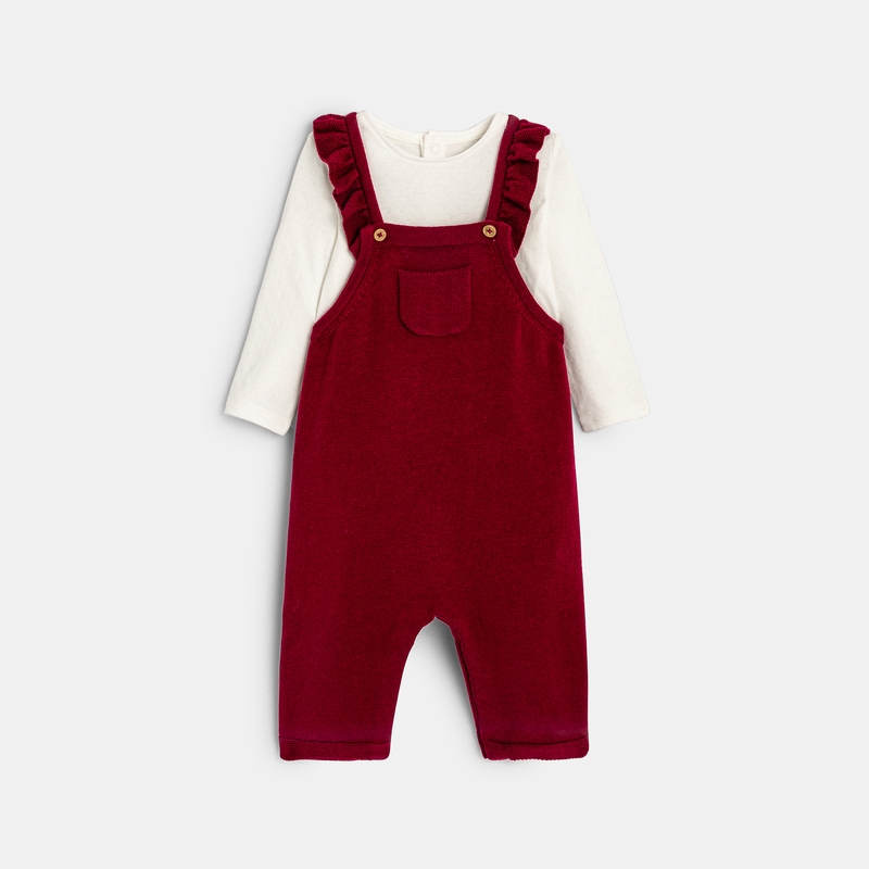Salopette en maille tricot et body pointelle rose naissance