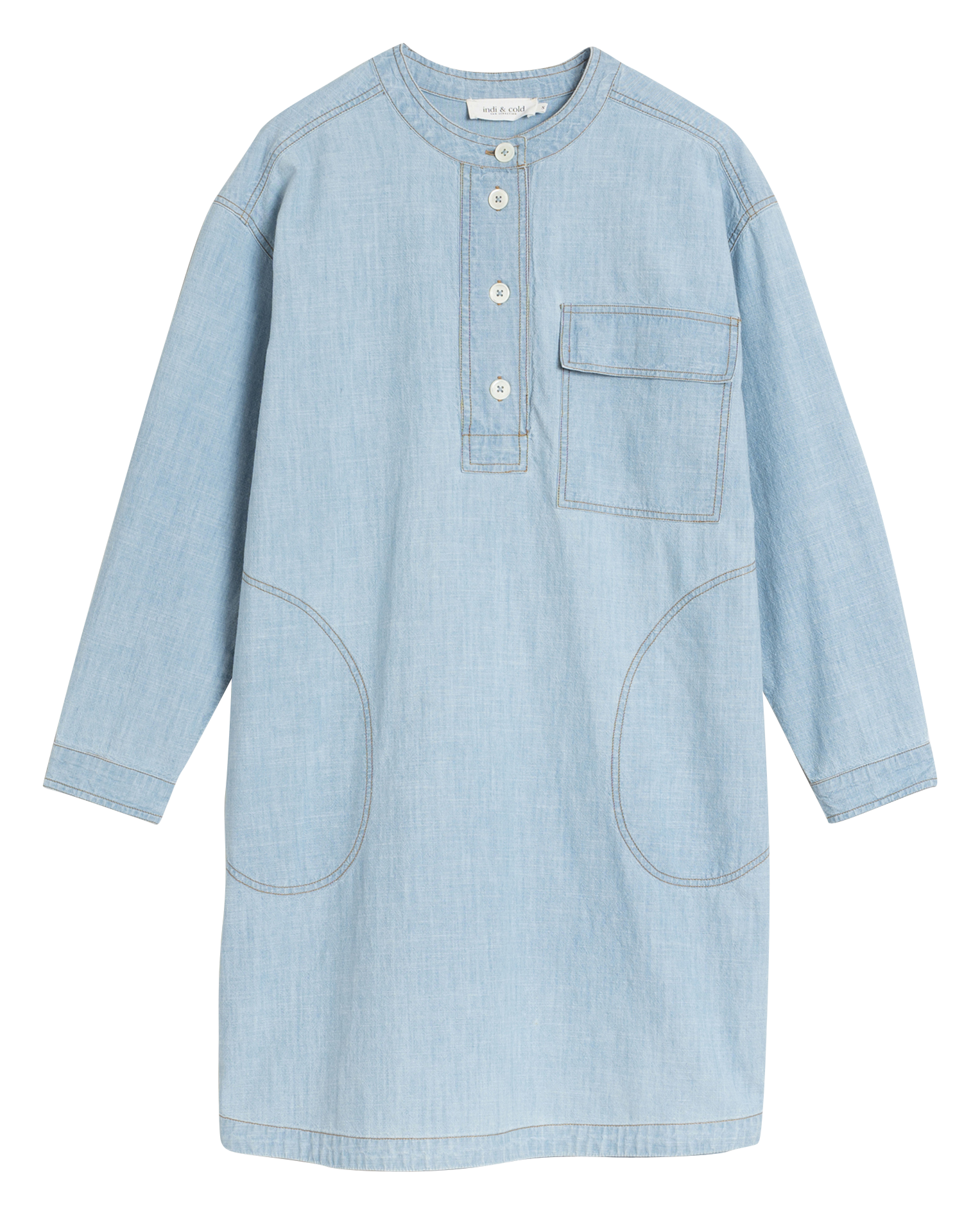 Robe courte col rond en denim | Bleu