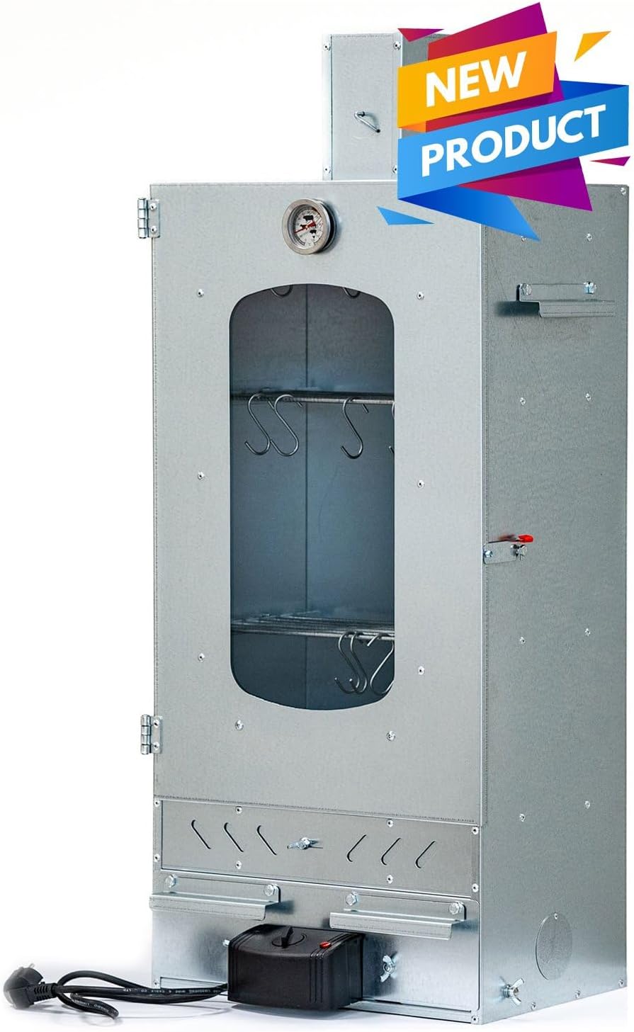 ITA Räucherofen 7012 - Smoker Set mit Tisch & Räucherspänen - Räucherschrank mit 3 Etagen - Legierter Stahl, mit Sichtfenster & Kaminabzug - Qualität Made In EU Direkt vom Hersteller