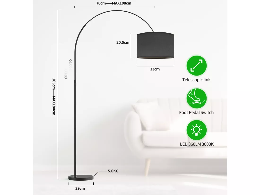 Lampadaire Arc JASMIN | Lampe Sur Pied Classique| Ampoule LED E27 9W 3000K incluse|33cm Abat-jour Noir| Interrupteur au pied pour Chambre/Bureau/Hôtel