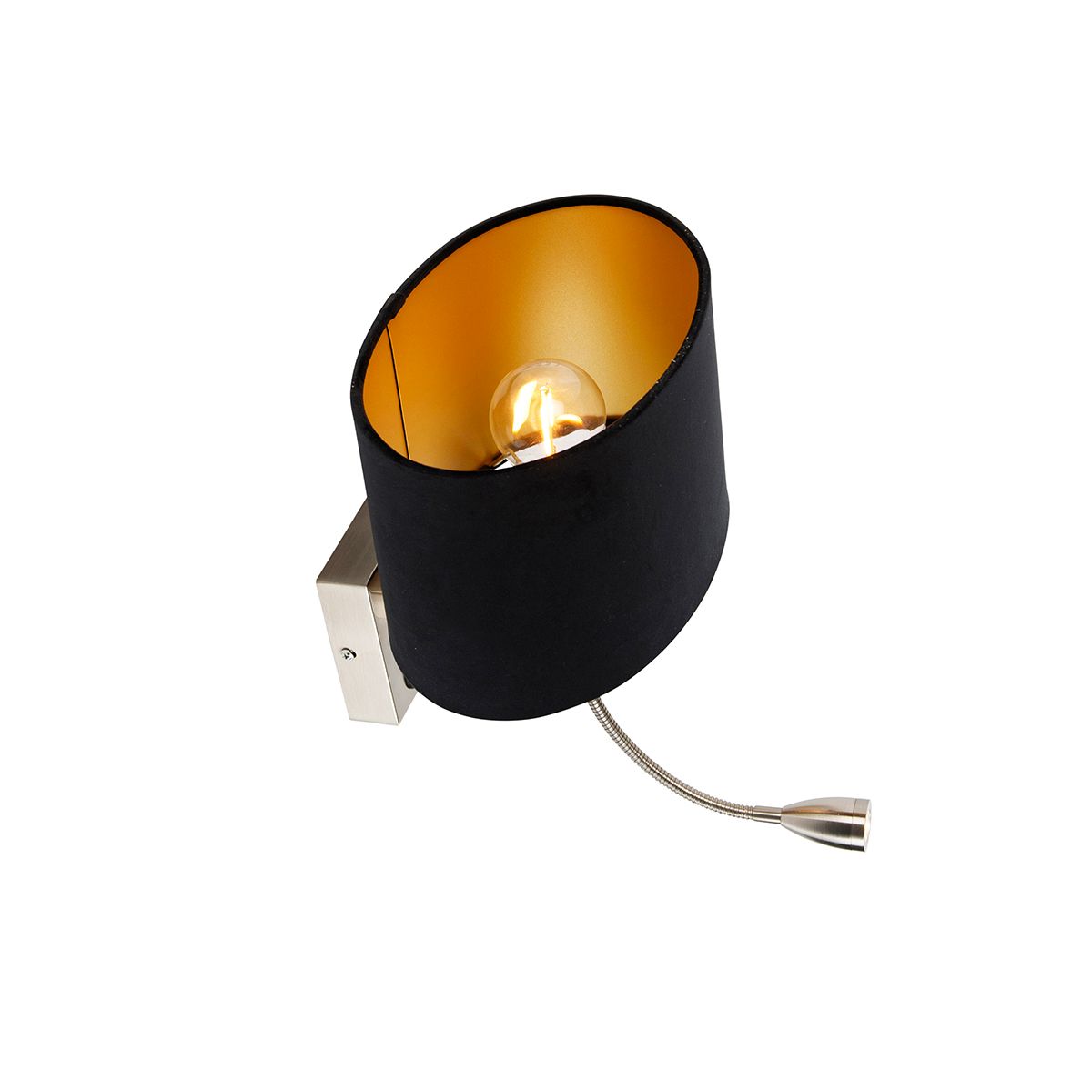 Wandlamp staal met ovale velours kap zwart 25cm - Brescia Combi
