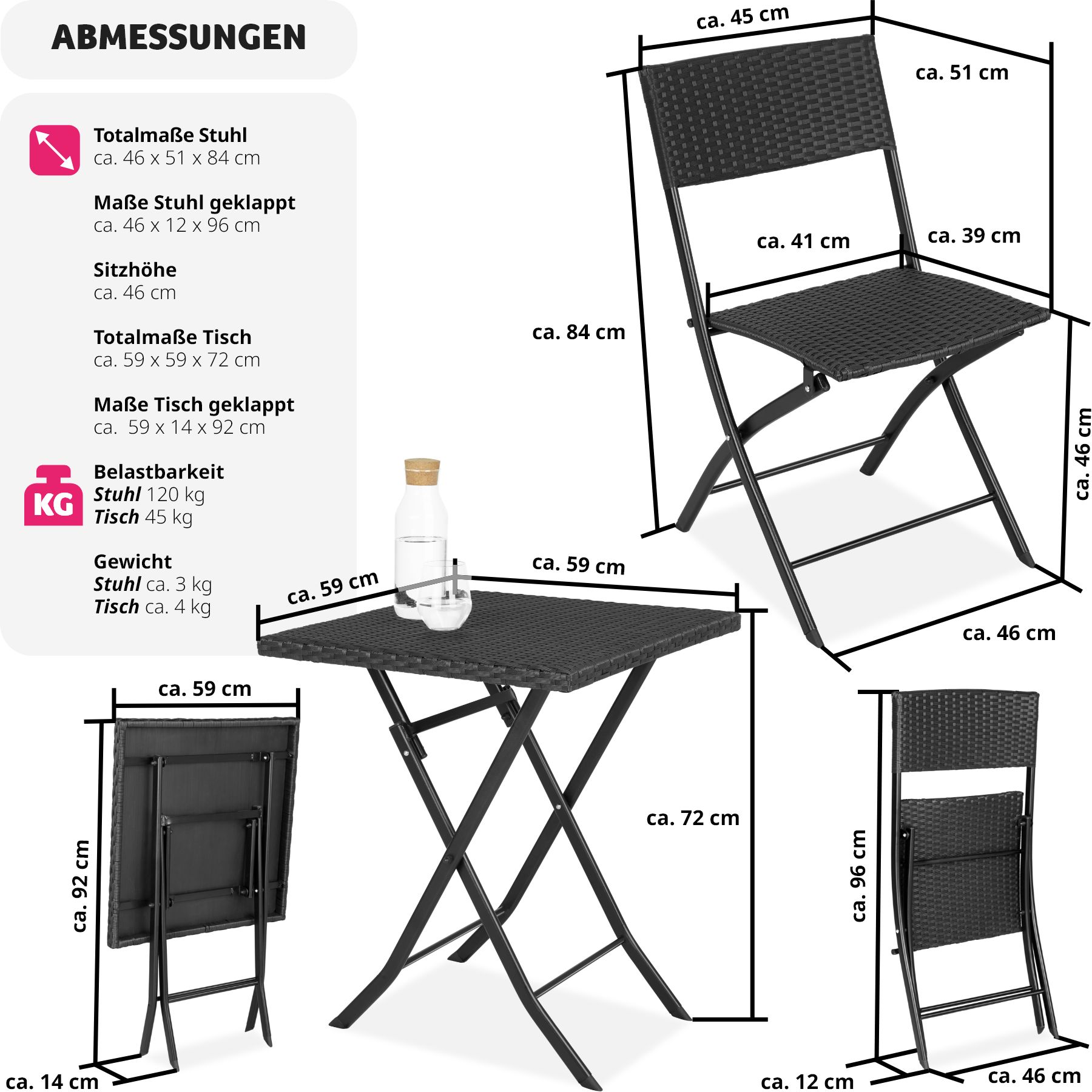 tectake® Rattanset, für 2 Personen, UV-beständig, geringes Gewicht