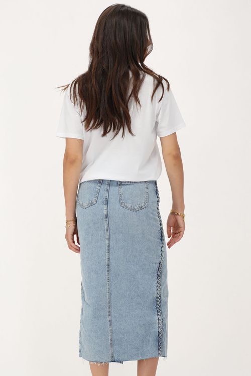 Blauwe denim midi rok met vlecht detail