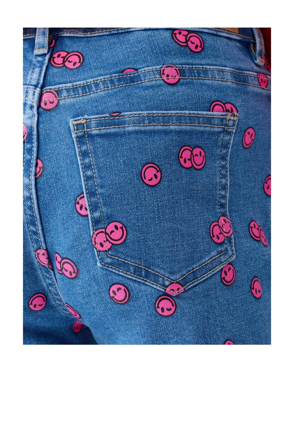 Shoeby high waist straight leg jeans met all over print blauw/roze