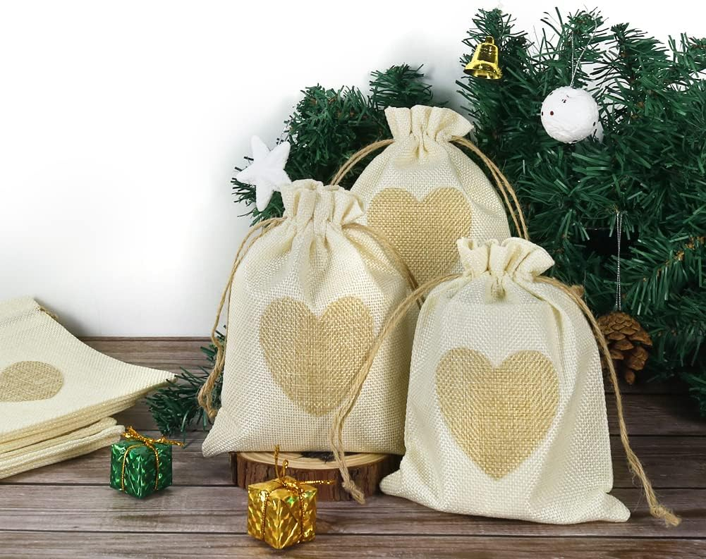 (5er Set) 10x8cm Jute Geschenk Beutel Herz Gift Bag mit Kordelzug - Weiss / Braun