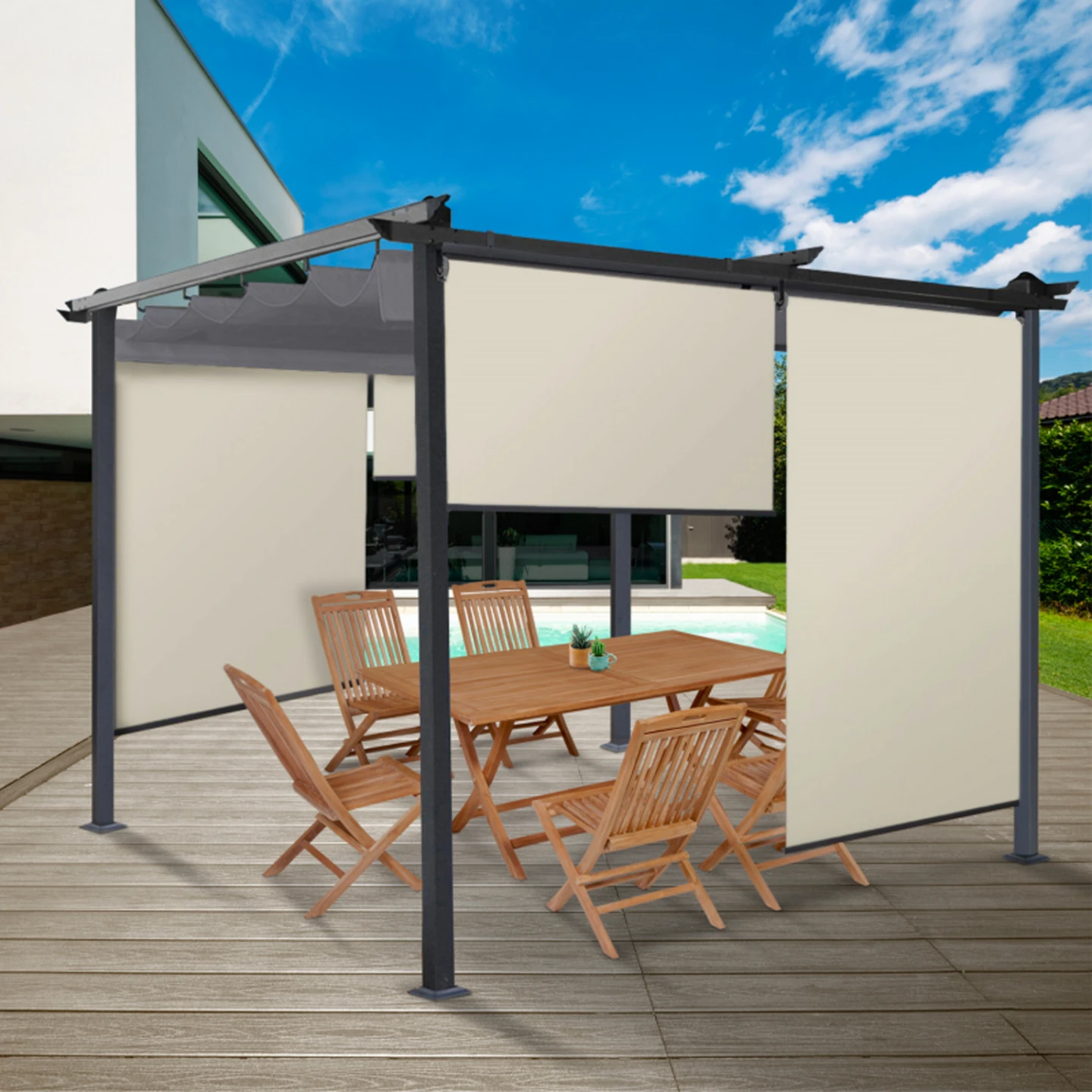Lot de 3 stores enrouleurs L.124 x H. 225 CM pour pergola écru
