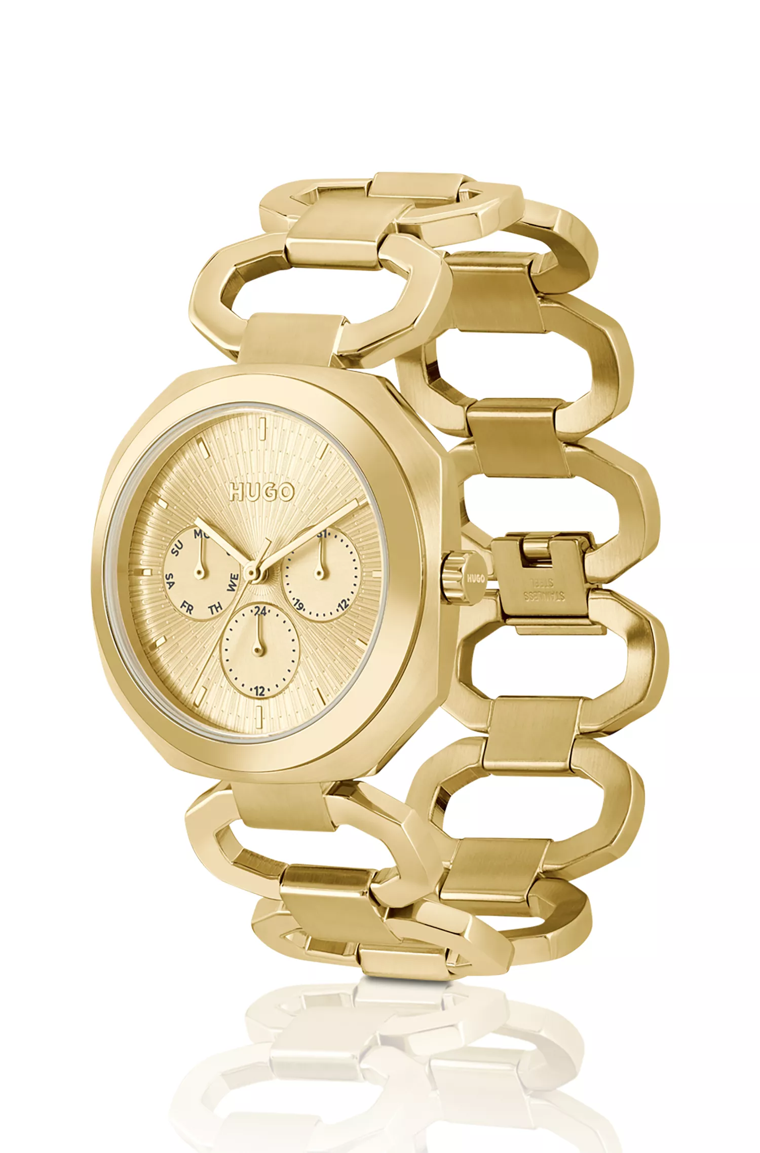 Relógio HUGO em tons de vermelho e dourado com pulseira de corrente.