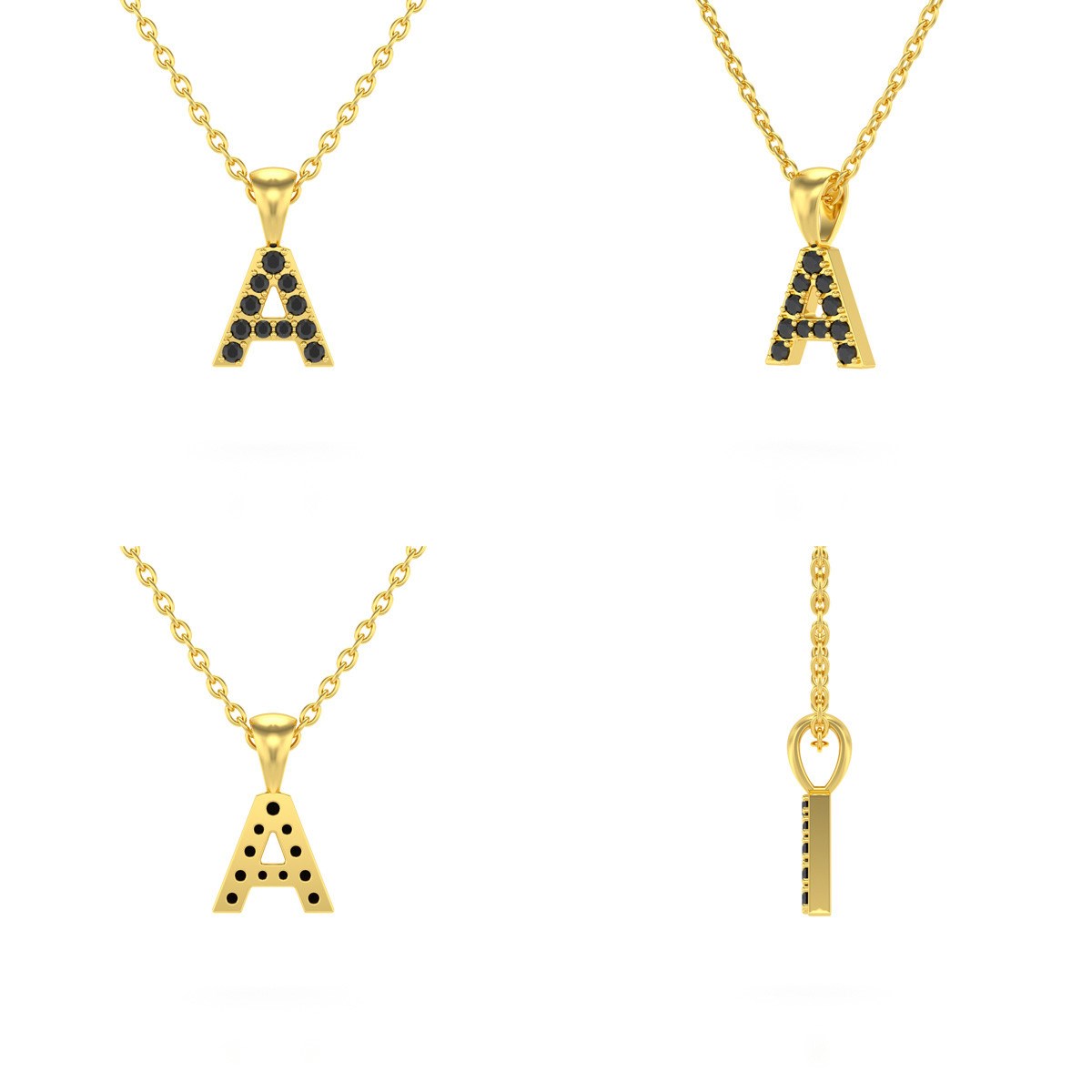 Collier Pendentif ADEN Lettre A Or 750 Jaune Diamant Noir Chaine Or 750 incluse 0.72grs