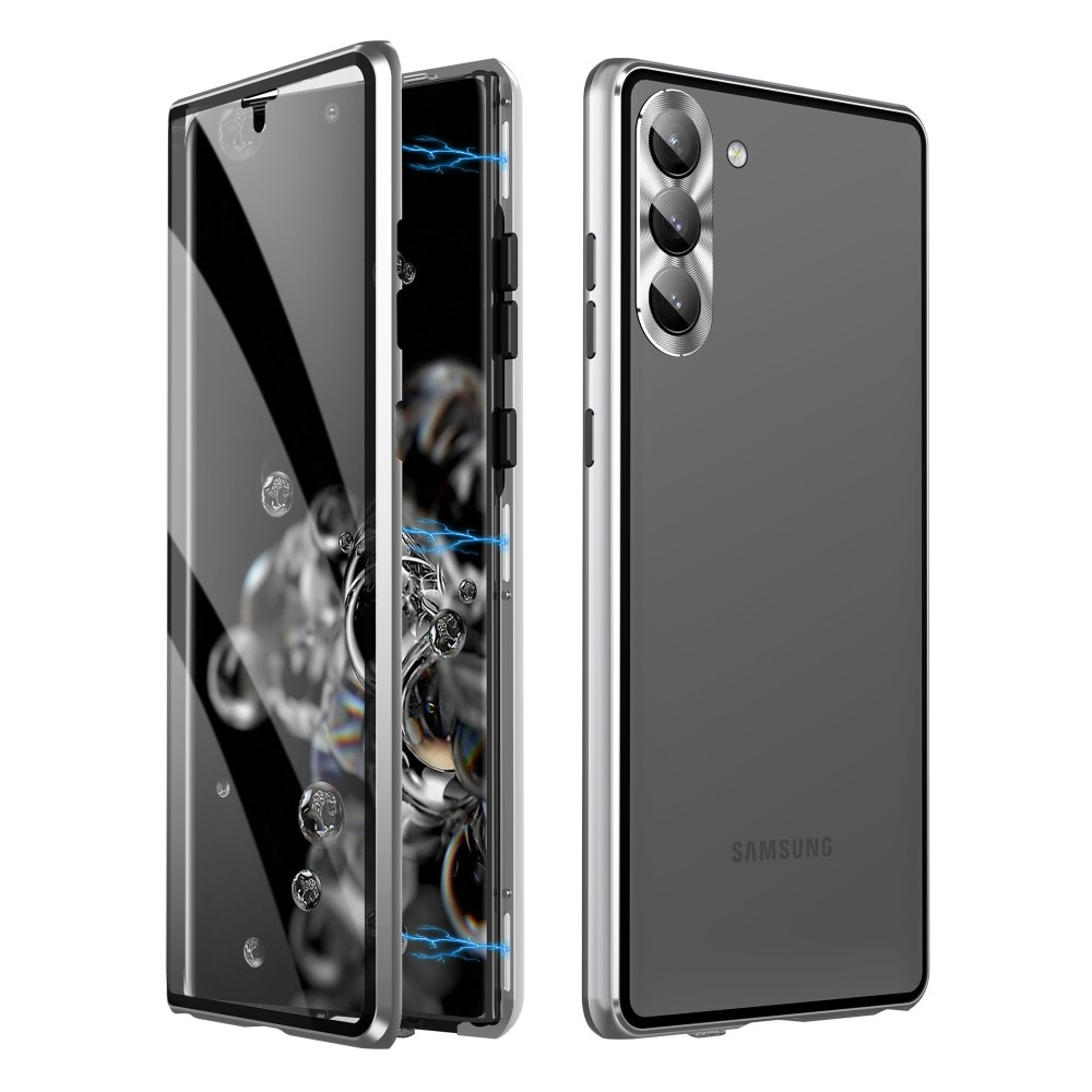 Samsung Galaxy S23 5G Magnetische Alu Schutzhülle mit Panzer Glas Backcover   Display- / Kameraglasschutz (Verschlussmechanismus) - Silber