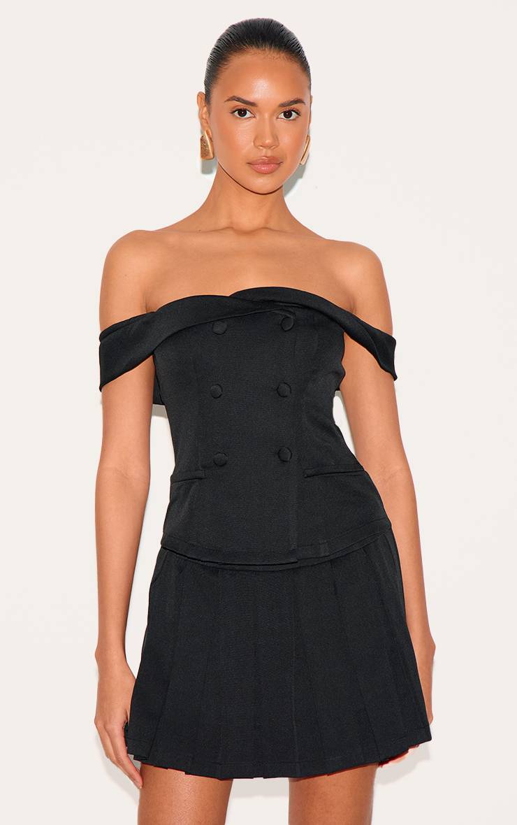 Noir Combishort Jupe-culotte Plissée À Détail Boutons Et Encolure Bardot Ajustée