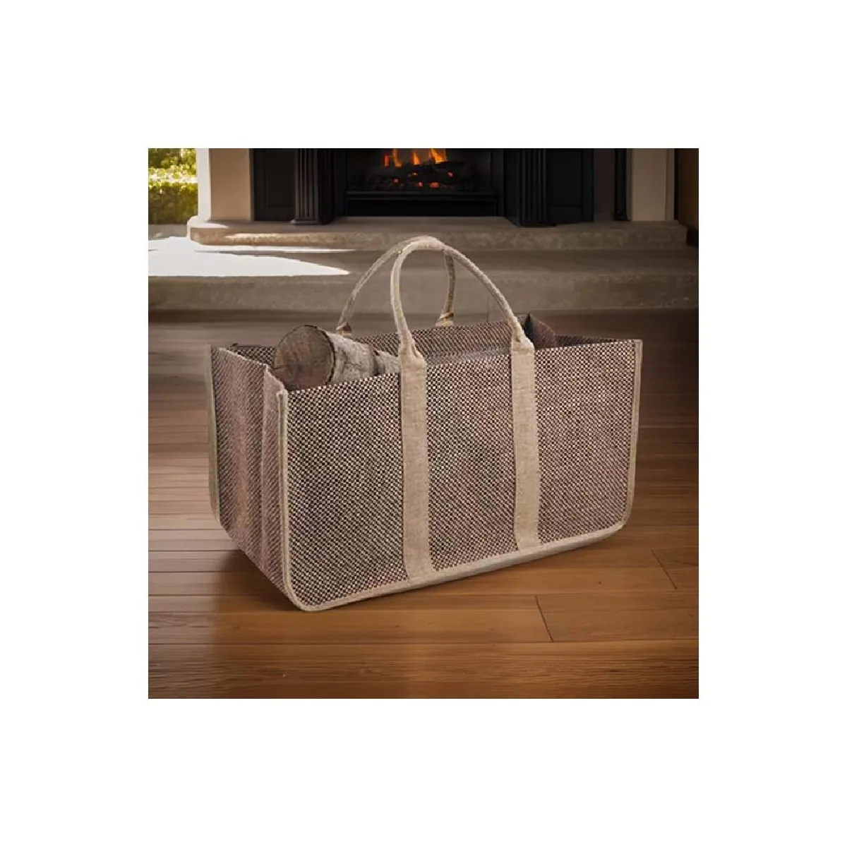 Aubry Gaspard Sac à bûches en toile de jute anses beiges