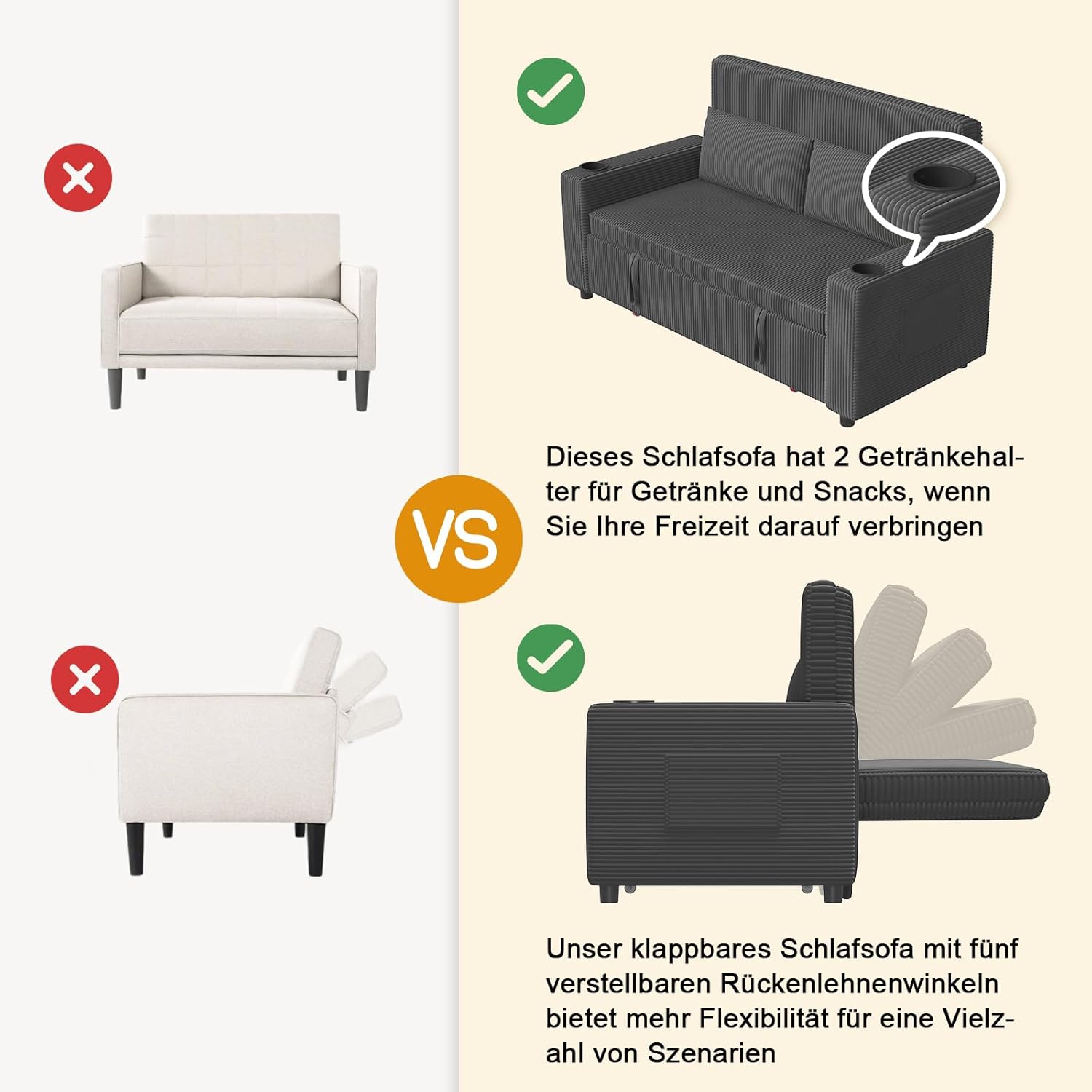 Devoko Sofa mit Schlaffunktion, Schlafcouch Ausziehbar mit Verstellbarer Rückenlehne, Schlafsofa Klein Klappsofa Sofa 2 Sitzer für Wohnzimmer & Schlafzimmer, Grau
