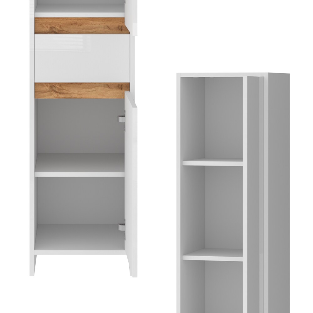 Vicco Badschrank Detmold Weiß Eiche 35 x 190 cm mit 2 Türen und eine Schublade
